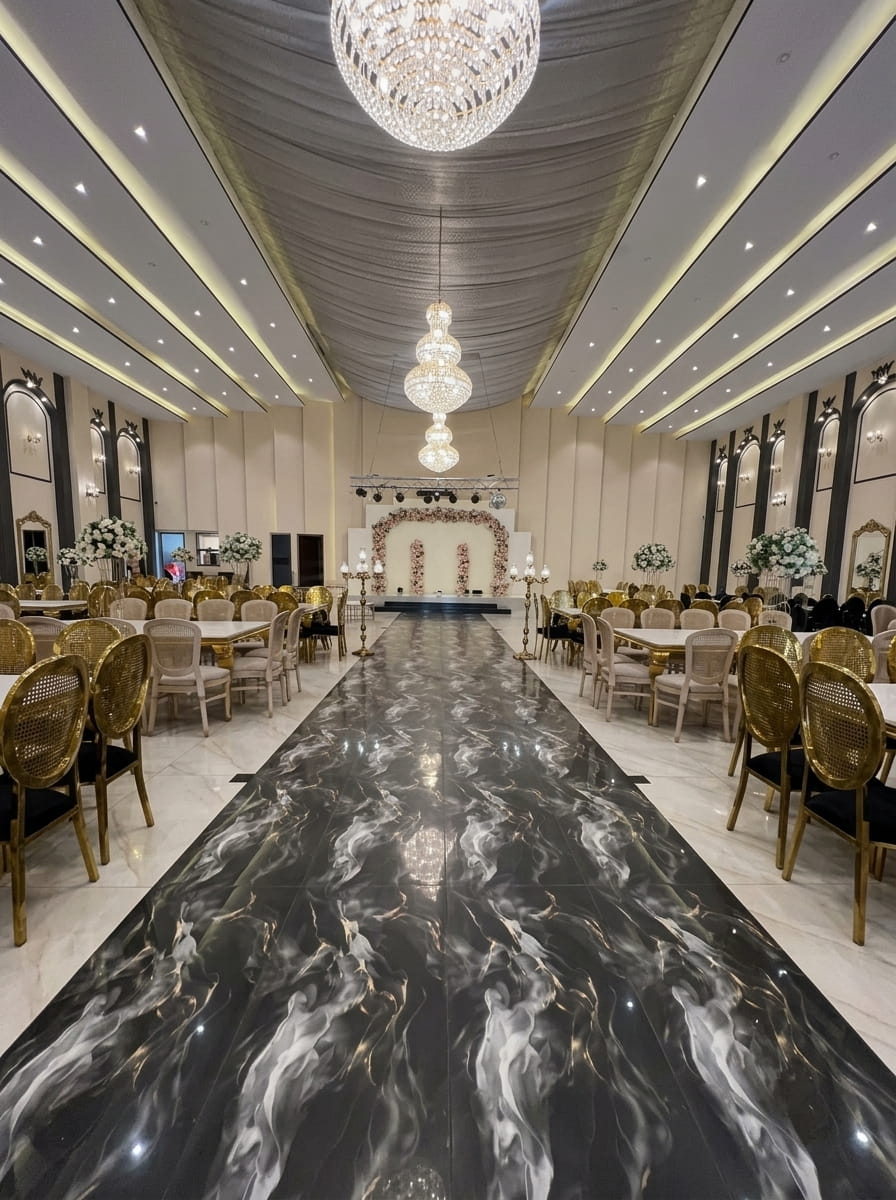 Banquet hall with chandeliers, gold chairs and a marble aisle